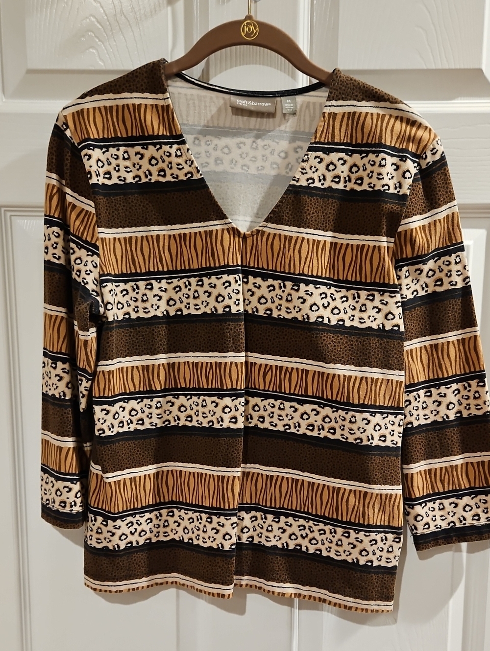 croft & barrow Brown and Tan Animal Print V-Neck 3/4 Sleeve Top
